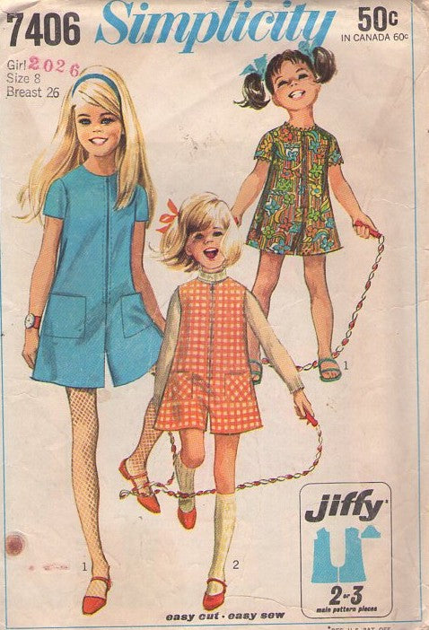 Simplicity 7406 Vintage 60's Sewing Pattern Girl's Rompers, Easy Jiffy Front Zippered Flared Shorts Leg Playsuit, Pantdress, Jumpsuit, Roper Size 4