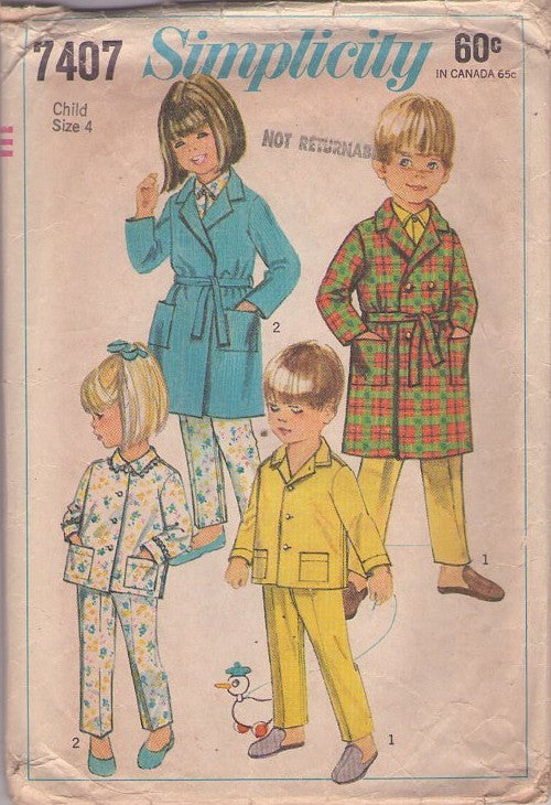 Simplicity 7407 Vintage 60's Sewing Pattern Boys' & Girl's Pajamas, Sleep Shirt Top, Pants, Single Wrap or Double Breasted Buttoned Robe, Bathrobe Size 4