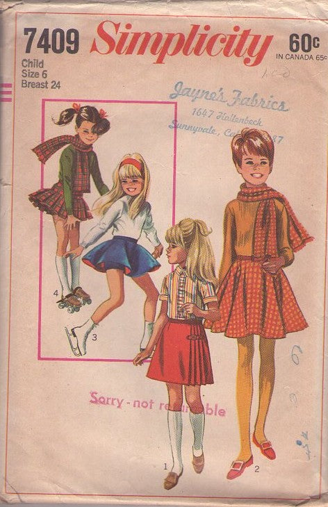 Simplicity 7409 Vintage 60's Sewing Pattern Girl's Skating Skirts, Circle Skirt, Pleated Kilt Skirt, Panties, Winter Scarf Set Size 6