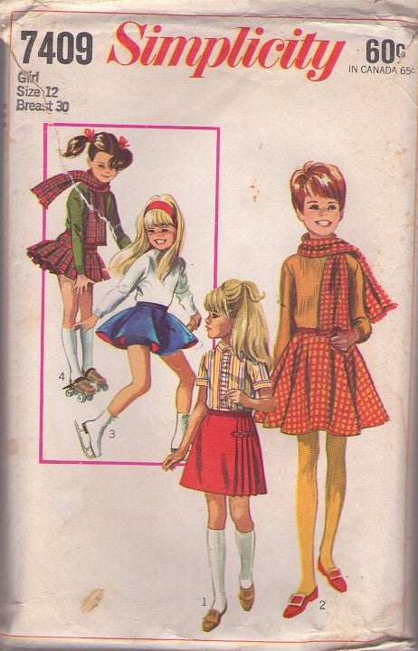 Simplicity 7409 Vintage 60's Sewing Pattern Girl's Skating Skirts, Circle Skirt, Pleated Kilt Skirt, Panties, Winter Scarf Set Size 12
