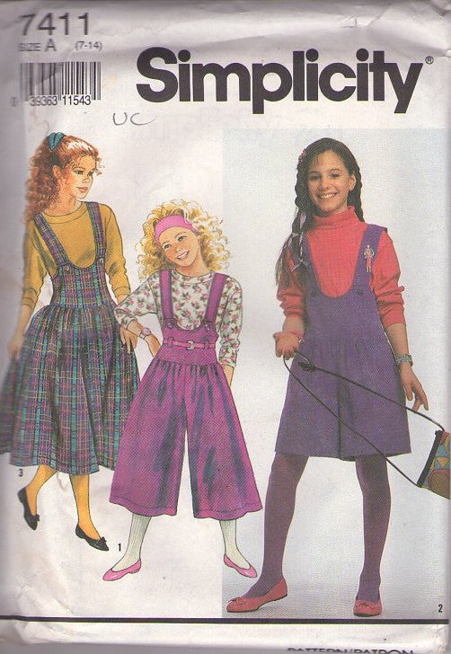 Simplicity 7411 Vintage 90's Sewing Pattern Girl's Separates, Brat Pack Deep V Neck Step In Culottes Jumper, Skirt Dress, Tshirt Top, Shorts Pantdress Size 7-14 UNCUT
