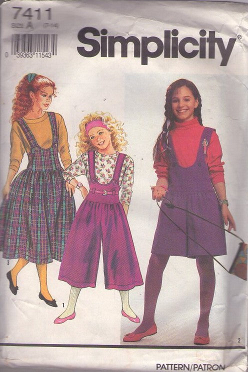 Simplicity 7411 Vintage 90's Sewing Pattern Girl's Separates, Brat Pack Deep V Neck Step In Culottes Jumper, Skirt Dress, Tshirt Top, Shorts Pantdress Size 7-14 CUT