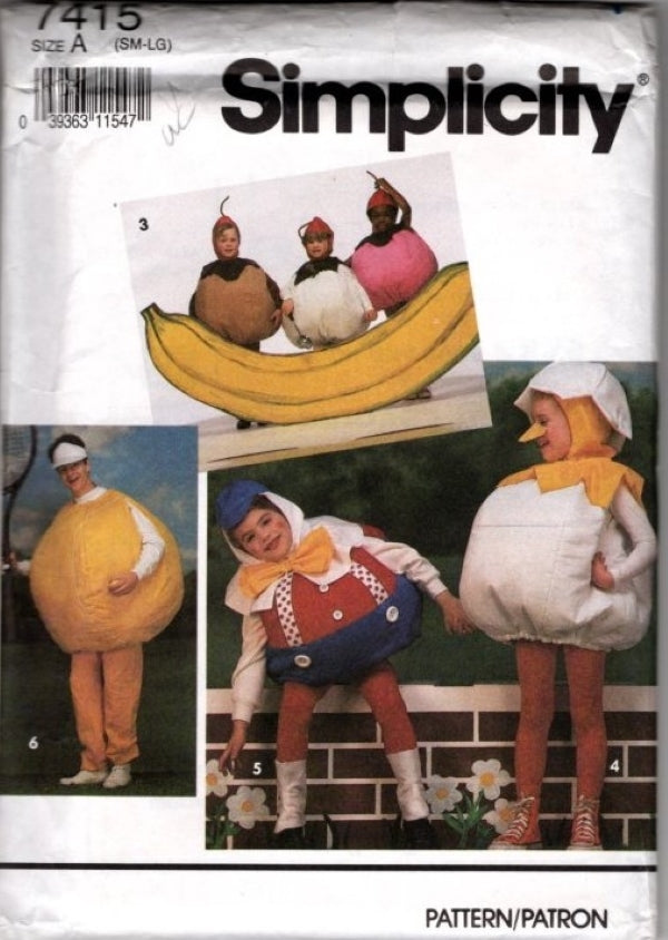 Simplicity 7415 Vintage 90's Sewing Pattern Novelty Stuffed Ball, Food Costumes, Fruit, Tennis Ball, Chicken Humpty Dumpty Egg, Banana Split Ice Cream Scoops Size S-L