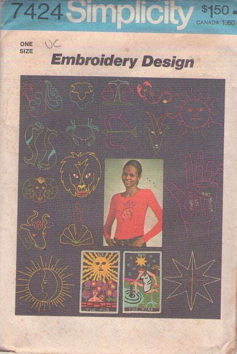 Simplicity 7424 Vintage 70's Sewing Pattern Hippie Embroidery Designs, Zodiac, Astrology, Tarot Cards