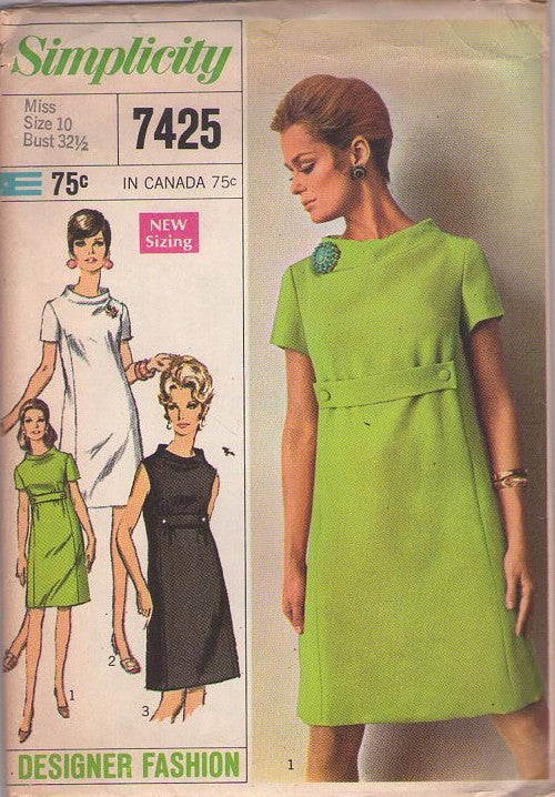 Simplicity 7425 Vintage 60's Sewing Pattern Mod Dress, Designer Fashion, Stand Up Away From Neck Princess Seams Cocktail Party Dress 3 Styles Size 10