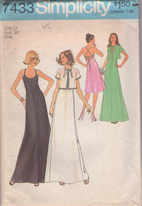 Simplicity 7433 Vintage 70's Sewing Pattern Halter Dress, Cover Up, Scoop Neck, Pin Tucks, Criss Cross Straps Disco Party Dress, Lace Trim Flared Cropped Jacket Size 12