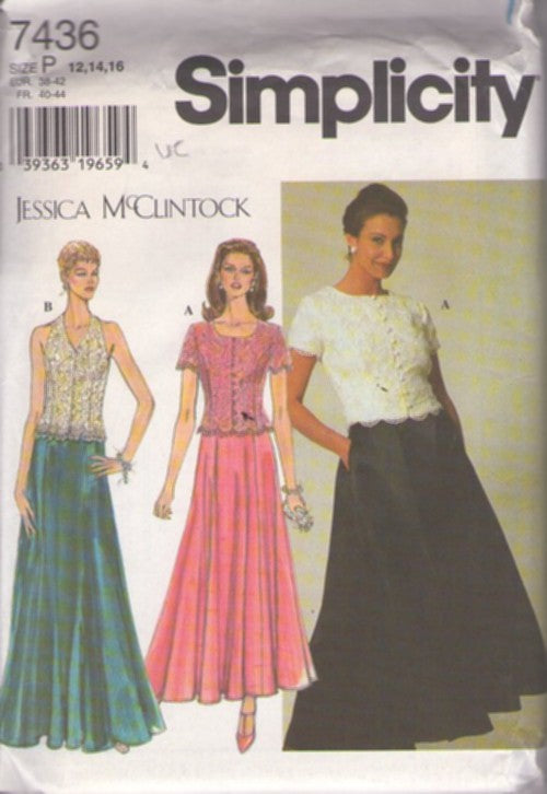 Simplicity 7436 Retro 90's Sewing Pattern Designer Evening Gown, Jessica McClintock 2 Piece Evening Gown, Mother of the Bride Lace Halter Top or Button Blouse, Flowing Skirt Size 12-16