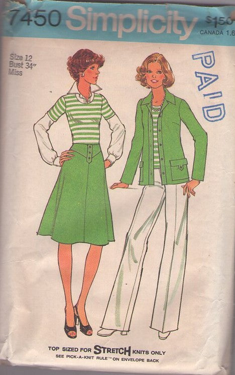 Simplicity 7450 Vintage 70's Sewing Pattern Pantsuit Separates, Button Band Trim Flared Skirt, Tshirt Top, Shirt Jacket & Pants Size 12