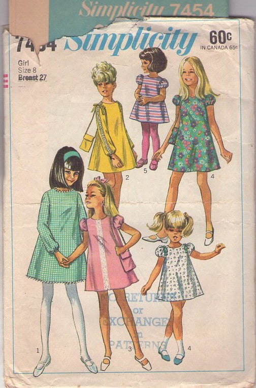 Simplicity 7434 Vintage 60's Sewing Pattern Girl's Mod Dress, Bag Set, Babydoll Puff or Lace Trim Day Dress, 5 Styles & Matching Bag, Purse Size 8