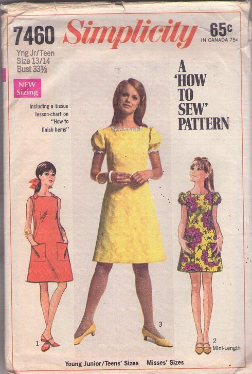 Simplicity 7460 Vintage 60's Sewing Pattern Mod Dress Set, Easy How to Sew Puff Sleeve A-Line in 3 Styles Size 13/14