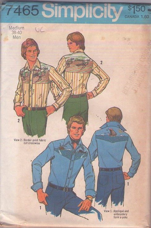 Simplicity 7465 Vintage 70's Sewing Pattern Men's Western Shirts, Border Fabric, Mural Yoke, Disco Era Size M