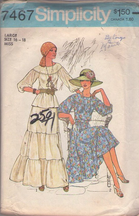 Simplicity 7467 Vintage 70's Sewing Pattern Boho 2 Piece Dress, Gypsy Round Yoked Blouse, Tiered Skirt Size L 16-18