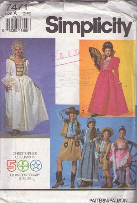 Simplicity 7471 Retro 90's Sewing Pattern Historical Costumes, Christopher Columbus 500 Year Quinceanera Jubilee Costumes, Marie Antoinette Gown, Cowgirl, Prairie Dress, Saloon Girl Size 6-18