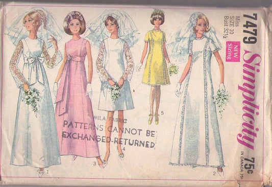 Simplicity 7479 Vintage 60's Sewing Pattern Mod Wedding Gowns, Princess Seams Sheer Lace Bell Sleeves Wedding Dress, Formal Party Dress Size 10