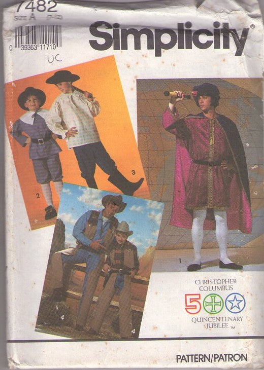 Simplicity 7482 Vintage 90's Sewing Pattern Historical Costumes, Christopher Columbus 500 Quincentenary Jubilee Costumes Pilgrim, Explorer, Cowboy Colonial Shirt, Cape, Breeches, Hats Vests Size 7-12