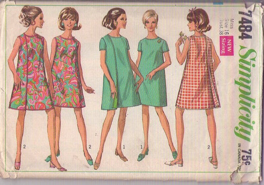 Simplicity 7484 Vintage 60's Sewing Pattern Mod Wrap Around Dress Set, Front or Back Wrapped Flap, 2 Styles Size 16