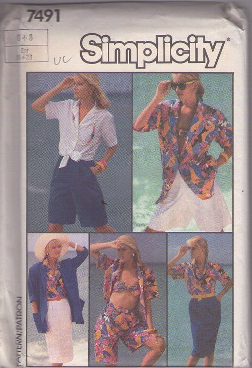 Simplicity 7491 Vintage 80's Sewing Pattern Summer Wardrobe, Bikini Bra Top, Shorts, Pleated Skirt, Boyfriend Jacket, Tied Blouse Size 6-8