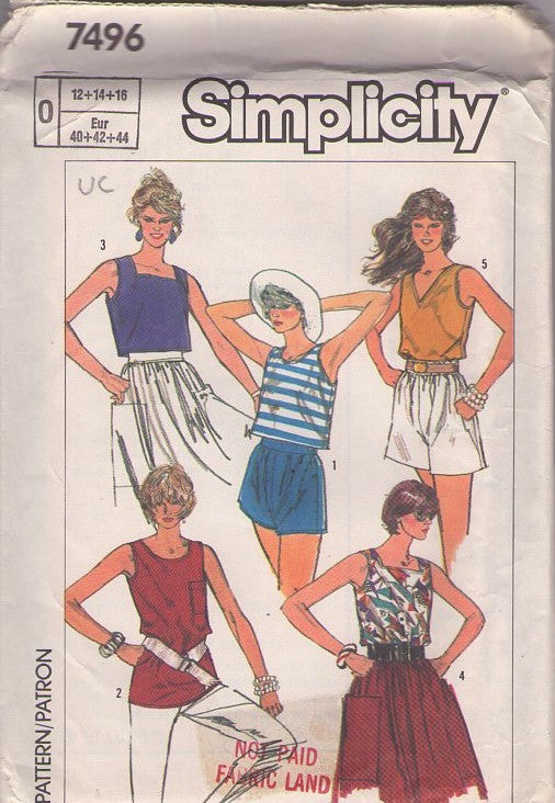 Simplicity 7496 Vintage 80's Sewing Pattern Easy Summer Top Set, Cropped, Scoop, V Neck, 5 Styles Size 12-16