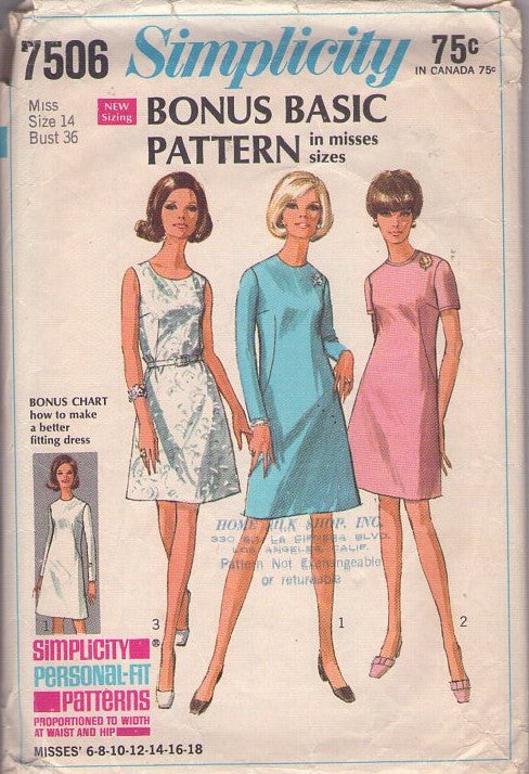 Simplicity 7506 Vintage 60's Sewing Pattern Mod Dress Set, Bonus Basic, French Darts Fitted Secretary or Party Dress 3 Styles Size 14