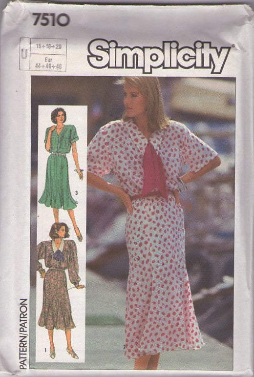 Simplicity 7510 Vintage 80's Sewing Pattern Secretary Dress, Gored Skirt, Loose Fitting Blouson Career Dress, 3 Styles Size 10-14