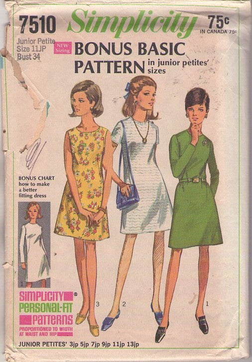 Simplicity 7510 Vintage 60's Sewing Pattern Mod Dress, Easy Bonus Basic, Junior Petites Fit & Flared Mod Secretary Day Dress 3 Styles Size 11JP