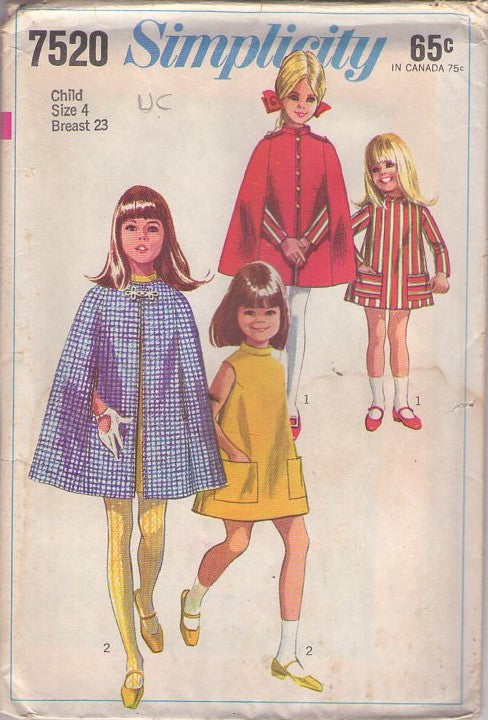 Simplicity 7520 Vintage 60's Sewing Pattern Girl's Capes, Mod Twiggy Nehru Stand Up or Frog Toggle Poncho Cape, Arm Slits, Brady Dress Size 4