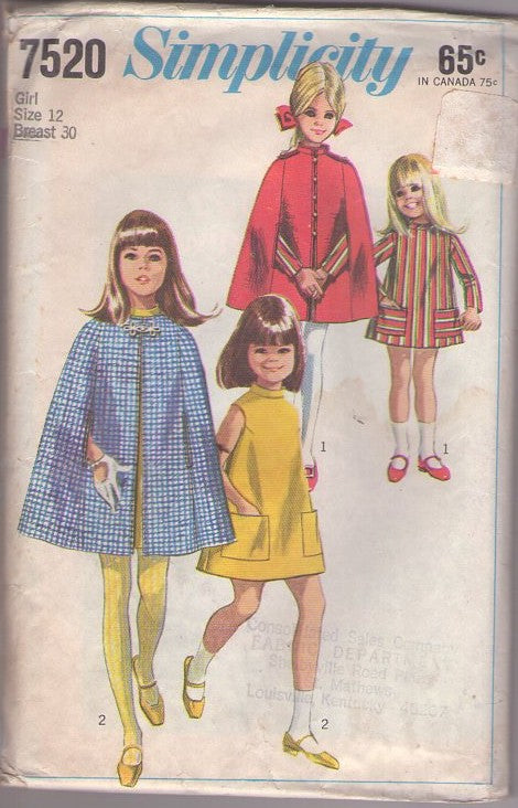 Simplicity 7520 Vintage 60's Sewing Pattern Girl's Capes, Mod Twiggy Nehru Stand Up or Frog Toggle Poncho Cape, Arm Slits, Brady Dress Size 12 CUT