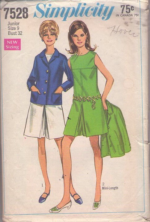 Simplicity 7528 Vintage 60's Sewing Pattern Mod Pantdress Set, Summer Split Skirt Romper, Pantdress, Pant Dress & Cardigan Suit Jacket Size 9