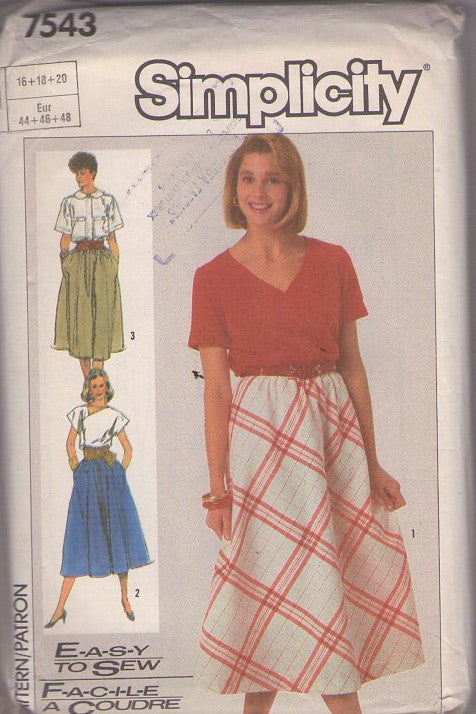 Simplicity 7543 Vintage 80's Sewing Pattern Modest Pull On Skirt Set, 3 Pleated Secretary Styles Size 16-18