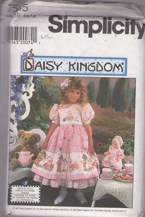 Simplicity 7545 Retro 90's Sewing Pattern Girl's Daisy Kingdom Dress, Cottagecore, Border Print, Alice In Wonderland, Button On Apron Overskirt, Matching DOLL Dress & Hat Size 5-8