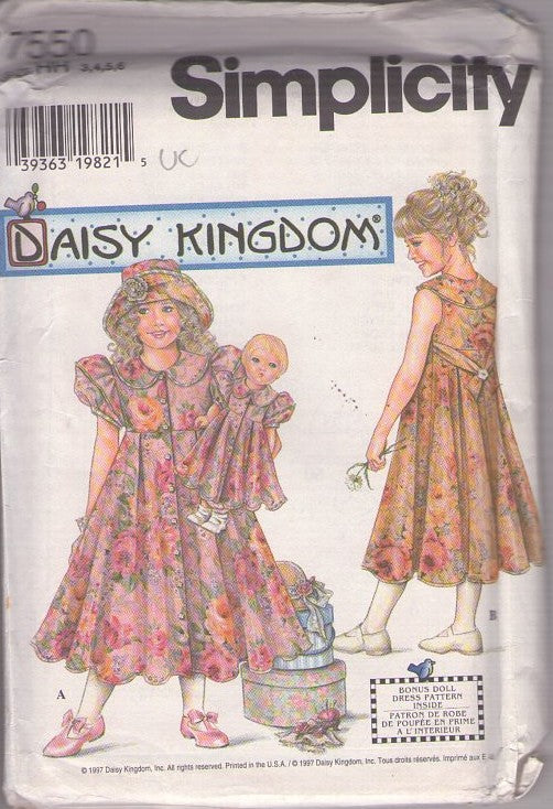 Simplicity 7550 Retro 90's Sewing Pattern Girl's Dress, Daisy Kingdom Old Fashioned Front Buttoned, Cottagecore Garden Party Dress, Matching 17 Doll Outfit Size 3-6"