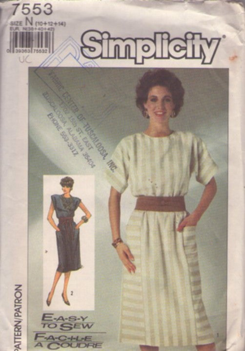 Simplicity 7553 Vintage 80's Sewing Pattern Secretary Dress, Pullover Short or Cap Sleeve Dress, Side Pockets 2 Styles Size 10-14
