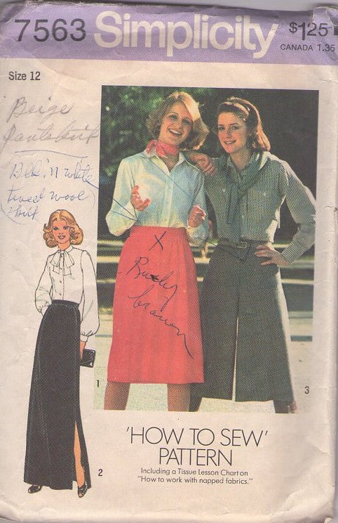 Simplicity 7563 Vintage 70's Sewing Pattern Easy Skirt Set, How to Sew Secretary Skirt, Evening Maxi or Split Skirt Pantskirt Gauchos Size 12