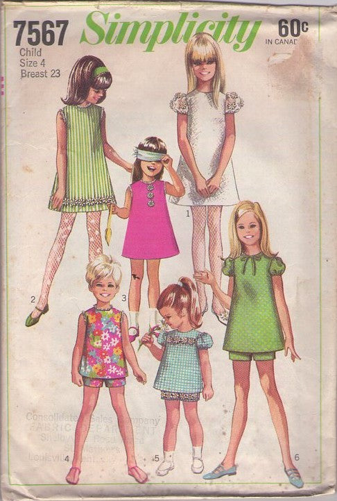 Simplicity 7567 Vintage 60's Sewing Pattern Teen Girl's Separates, Twiggy Mod A-Line Blouse, Top, Dress, Shorts Size 4