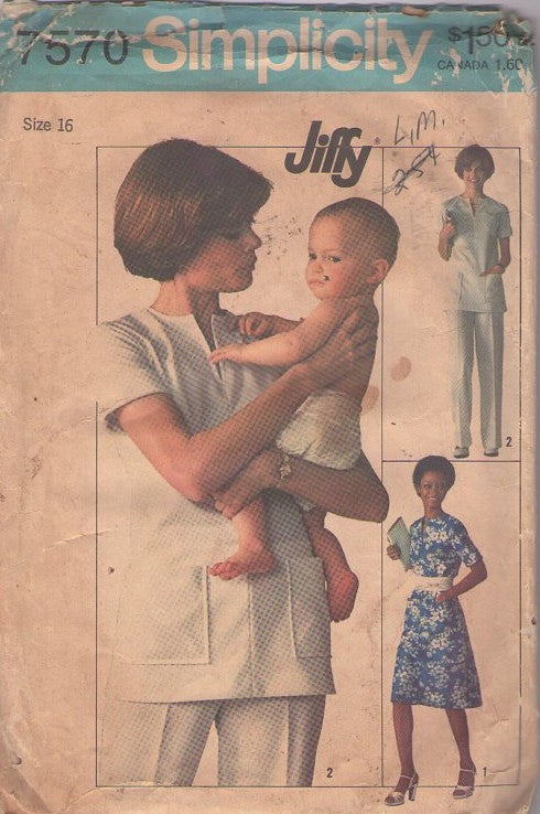 Simplicity 7570 Vintage 70's Sewing Pattern Retro Nurse Uniform, Medical Professional Tunic Top, Pants, Dress, Pantsuit Size 16