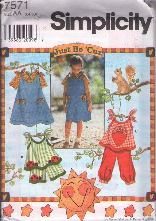 Simplicity 7571 Retro 90's Sewing Pattern Girl's Separates, Just Be Cuz Mix & Match Sun Top, Tied Shoulder Jumper, Dress, Shorts, Blouse, Knickers Size 3-6