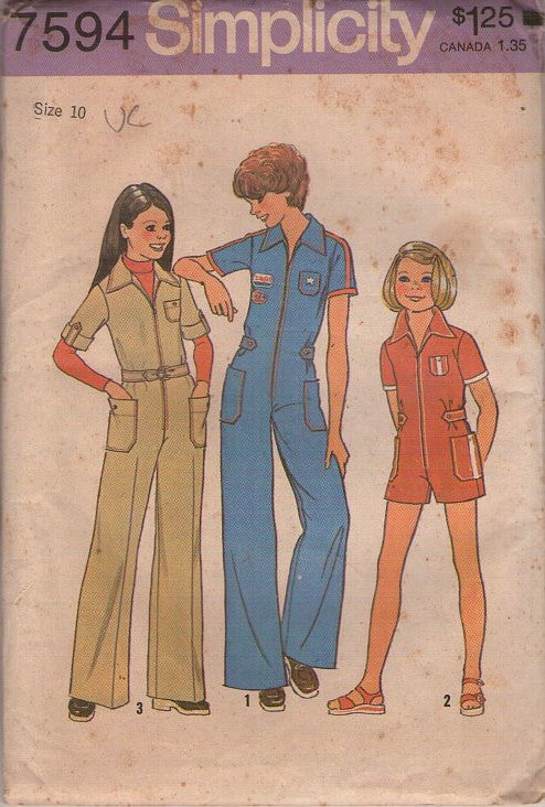 Simplicity 7594 Vintage 70's Sewing Pattern Girl's Jumpsuit, Race Car Pit, Coveralls, Romper, Appliques Size 10