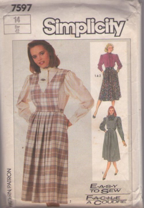 Simplicity 7597 Vintage 80's Sewing Pattern School Marm Jumper, Detachable Bib, Cottagecore Dress, Blouse, Skirt, Easy, Size 14