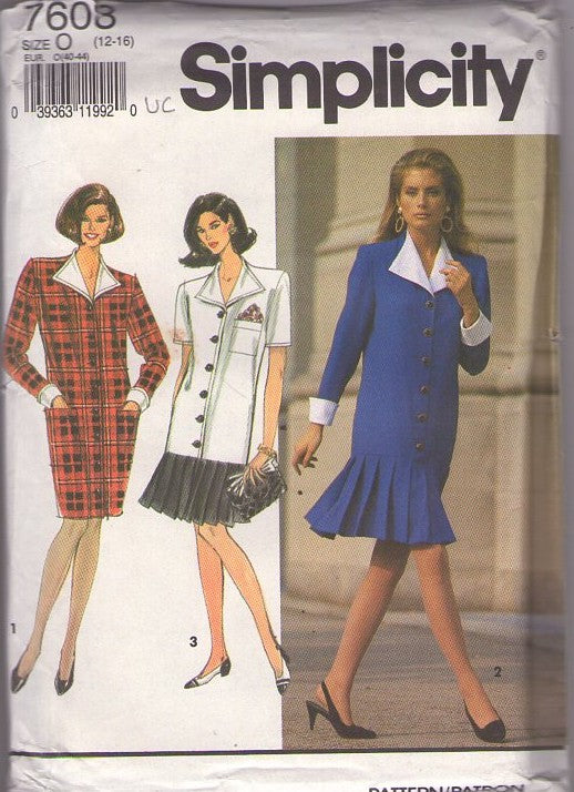 Simplicity 7608 Vintage 90's Sewing Pattern Secretary Dress Set, Coatdress or Pleated Flounce Size 12-16