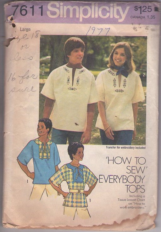 Simplicity 7611 Vintage 70's Sewing Pattern Hippie Shirts, How to Sew Everybody Tops Slit Neck Boho Hippie Dashiki Style Pullover Top, Shirt, Blouse Size L