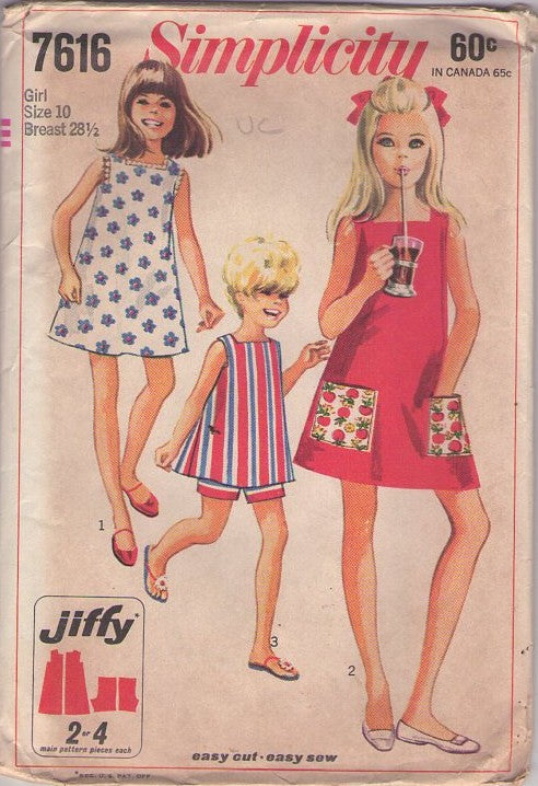 Simplicity 7616 Vintage 60's Sewing Pattern Girl's Summer Dress, Mod Jiffy Flared Summer Top, Blouse, Jumper, Sundress Dress & Shorts Size 10