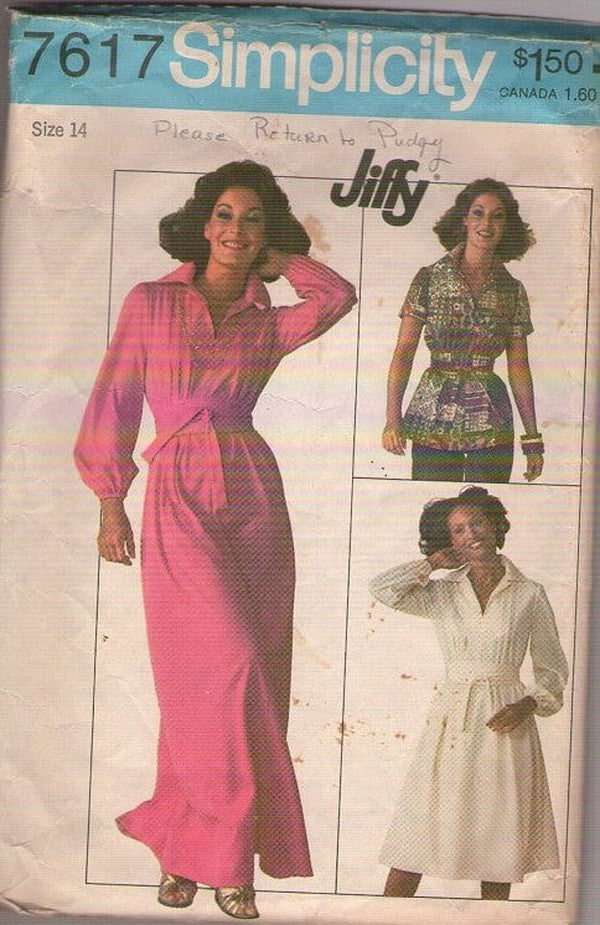 Simplicity 7617 Vintage 70's Sewing Pattern Hostess Maxi Gown, Tunic Top Blouse, Secretary Dress, Pleats, Jiffy Size 14