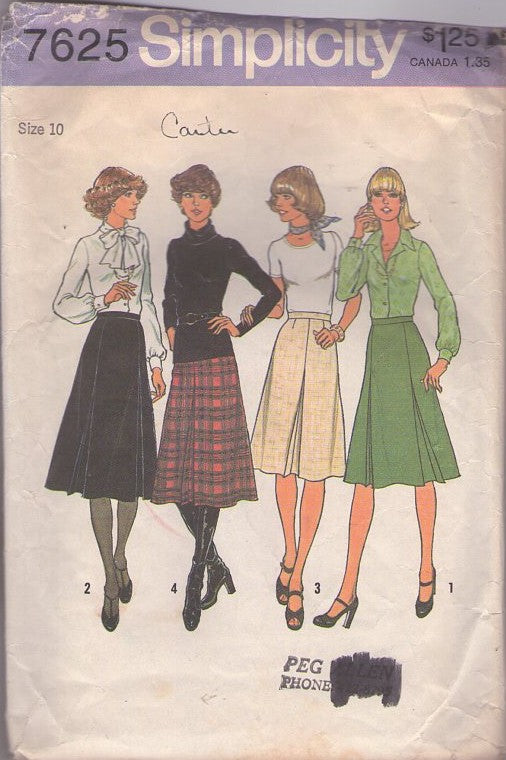 Simplicity 7625 Vintage 70's Sewing Pattern Skirts Set,  Easy To Sew Front Inverted Pleat Skirt, 2 Lengths Size 10