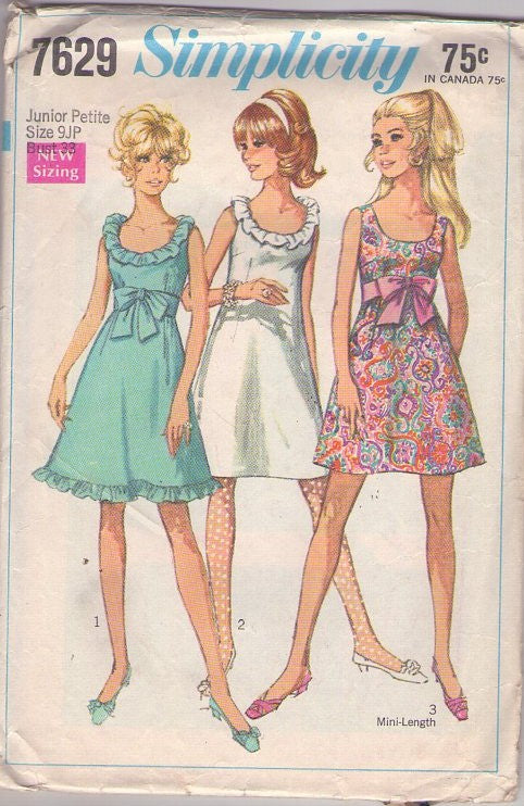 Simplicity 7629 Vintage 60's Sewing Pattern Mod Party Dress, Twiggy, Goldie Hawn Laugh In Look Scoop Neck Ruffles Fit & Flared Party Dress 3 Styles Size 9JP