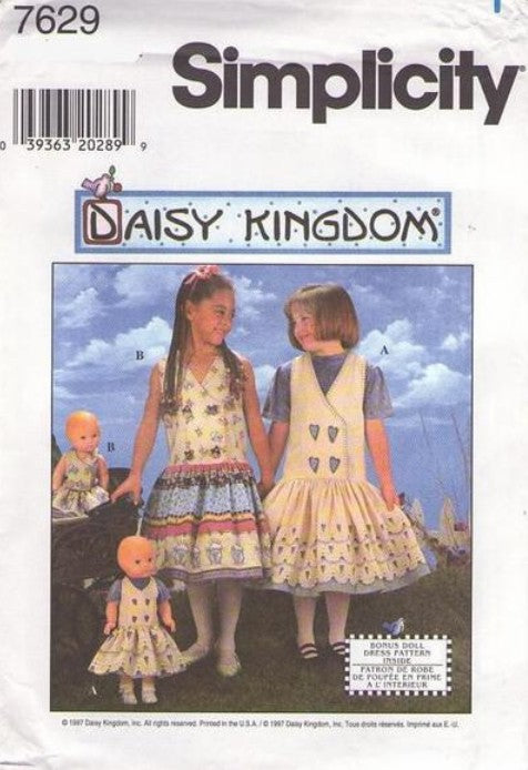 Simplicity 7629 Discontinued 90's Sewing Pattern Girl's Dresses, Daisy Kingdom Wrap Bodice Dress or Jumper, Drop Waist Full Eyelet Skirt, Bonus Doll Dress Size 3-6