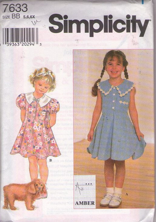 Simplicity 7633 Vintage 90's Sewing Pattern Girl's Dress Set, Designs by Amber, Summer Farmcore Shirtwaist Dresses, 2 Shirtwaist Styles Size 5-6X