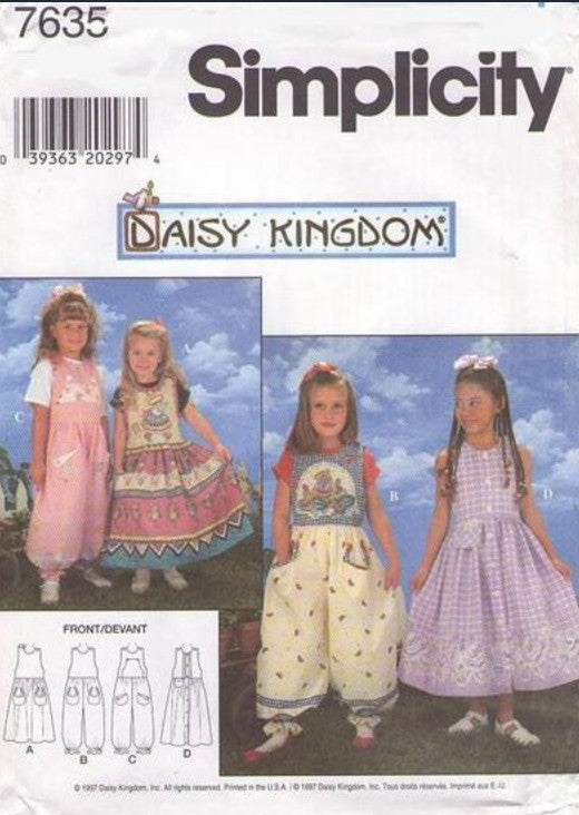 Simplicity 7635 Discontinued 90's Sewing Pattern Girl's Separates, Daisy Kingdom Set, Bubble Leg Romper Jumpsuit, Border Print Dress S-L