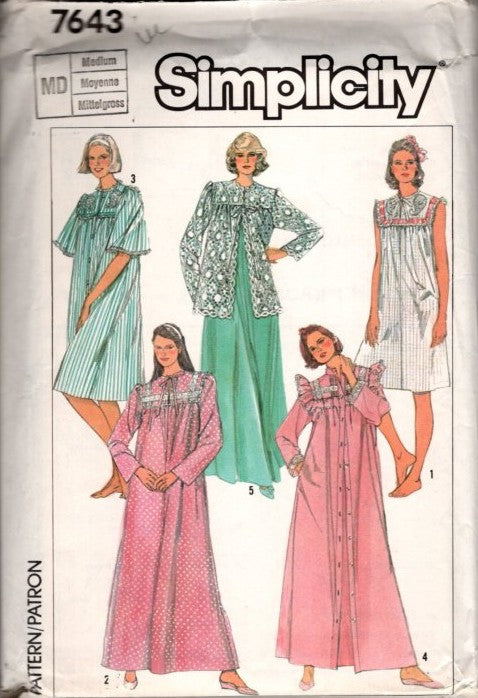 Simplicity 7643 Vintage 80's Sewing Pattern Modest Cottagecore Lingerie Set, Nightgown, Duster or Long Robe, Lacy Bed Jacket Size M