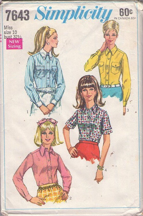 Simplicity 7643 Vintage 60's Sewing Pattern Mod Blouses, Housewife Collared Slim Fit Tapered Shirt, Blouse Set 4 Styles Size 10
