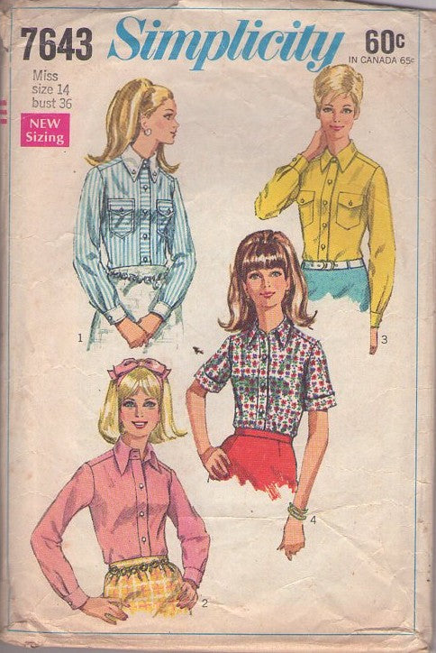Simplicity 7643 Vintage 60's Sewing Pattern Mod Blouses, Housewife Collared Slim Fit Tapered Shirt, Blouse Set 4 Styles Size 14